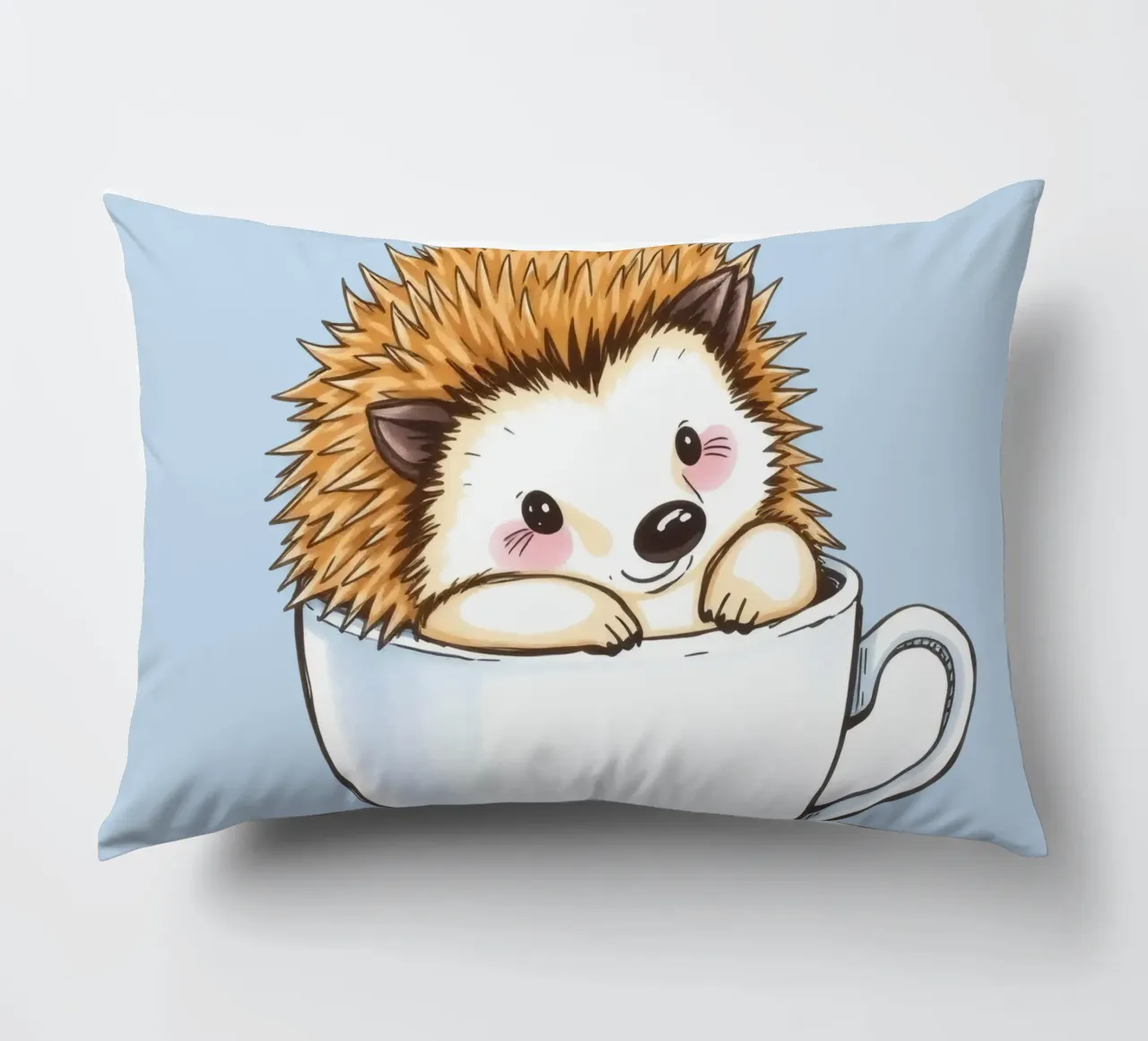 Hérisson mignon assis dans une tasse à thé blanche avec une expression charmante coussin de DesignDoodle