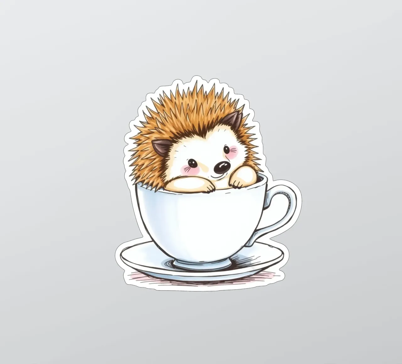 Hérisson mignon assis dans une tasse à thé blanche avec une expression charmante autocollant de DesignDoodle