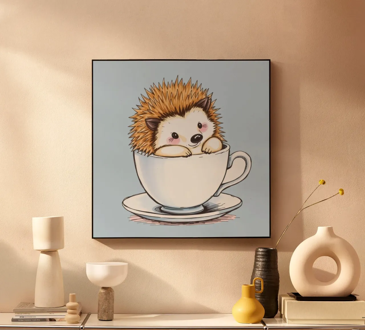Hérisson mignon assis dans une tasse à thé blanche avec une expression charmante alu dibond de DesignDoodle