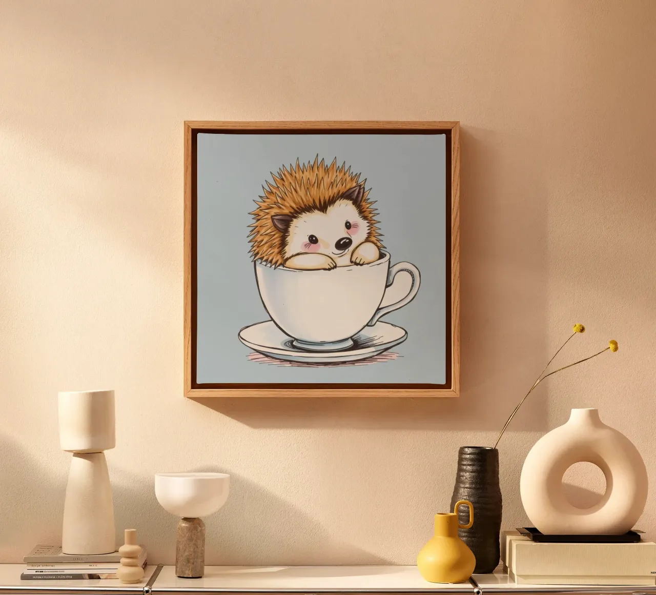 Hérisson mignon assis dans une tasse à thé blanche avec une expression charmante toile de DesignDoodle