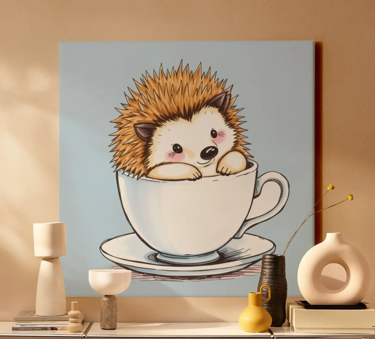 Hérisson mignon assis dans une tasse à thé blanche avec une expression charmante toile de DesignDoodle