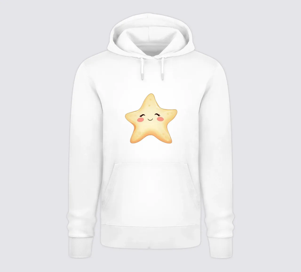 Simpatico personaggio a forma di stella sorridente con un volto felice e un colore tenue felpa con cappuccio da DesignDoodle