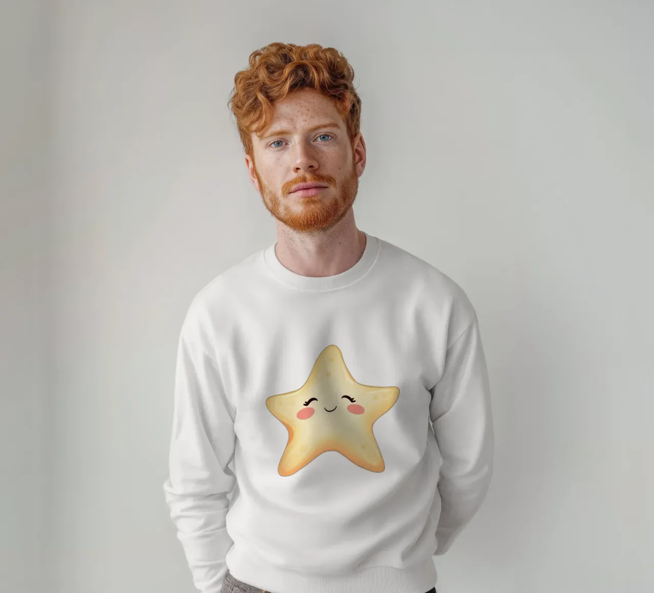 Cute smiling star character with a happy face and soft color sweatshirt by DesignDoodle