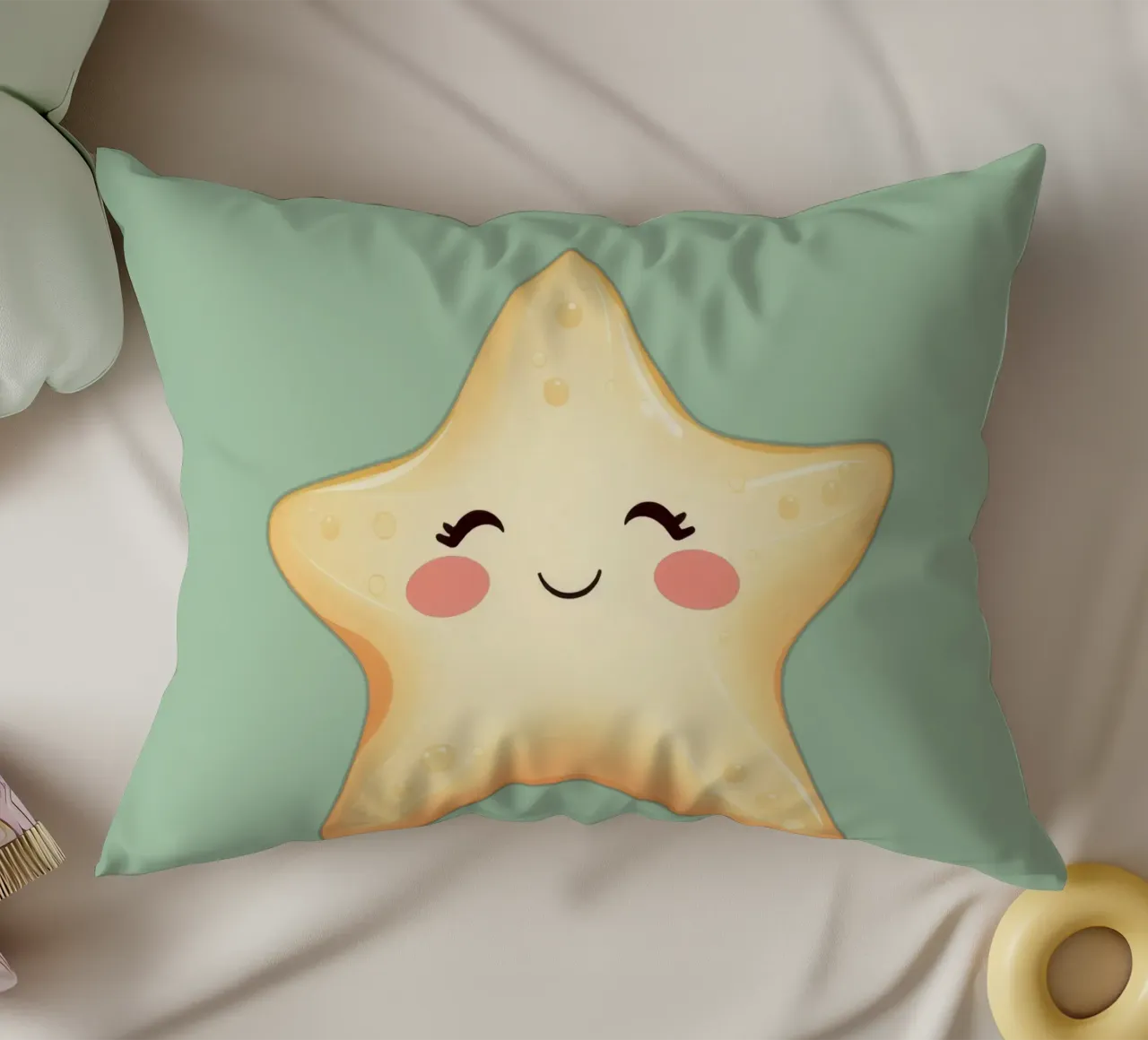 Simpatico personaggio a forma di stella sorridente con un volto felice e un colore tenue cuscino da DesignDoodle