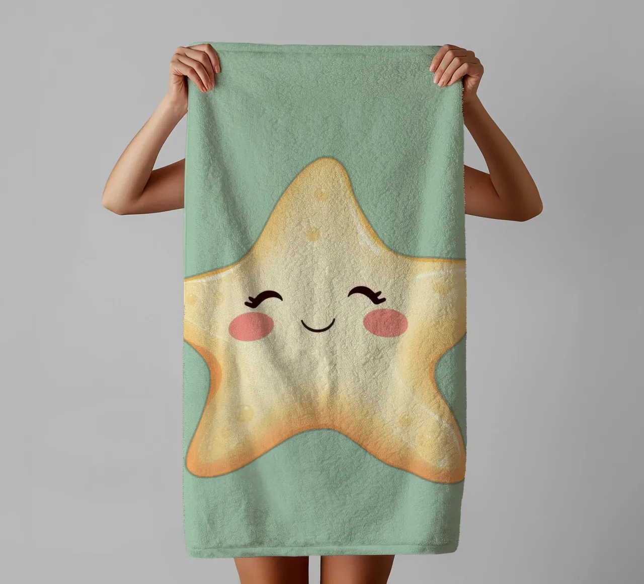 Simpatico personaggio a forma di stella sorridente con un volto felice e un colore tenue asciugamano da bagno da DesignDoodle