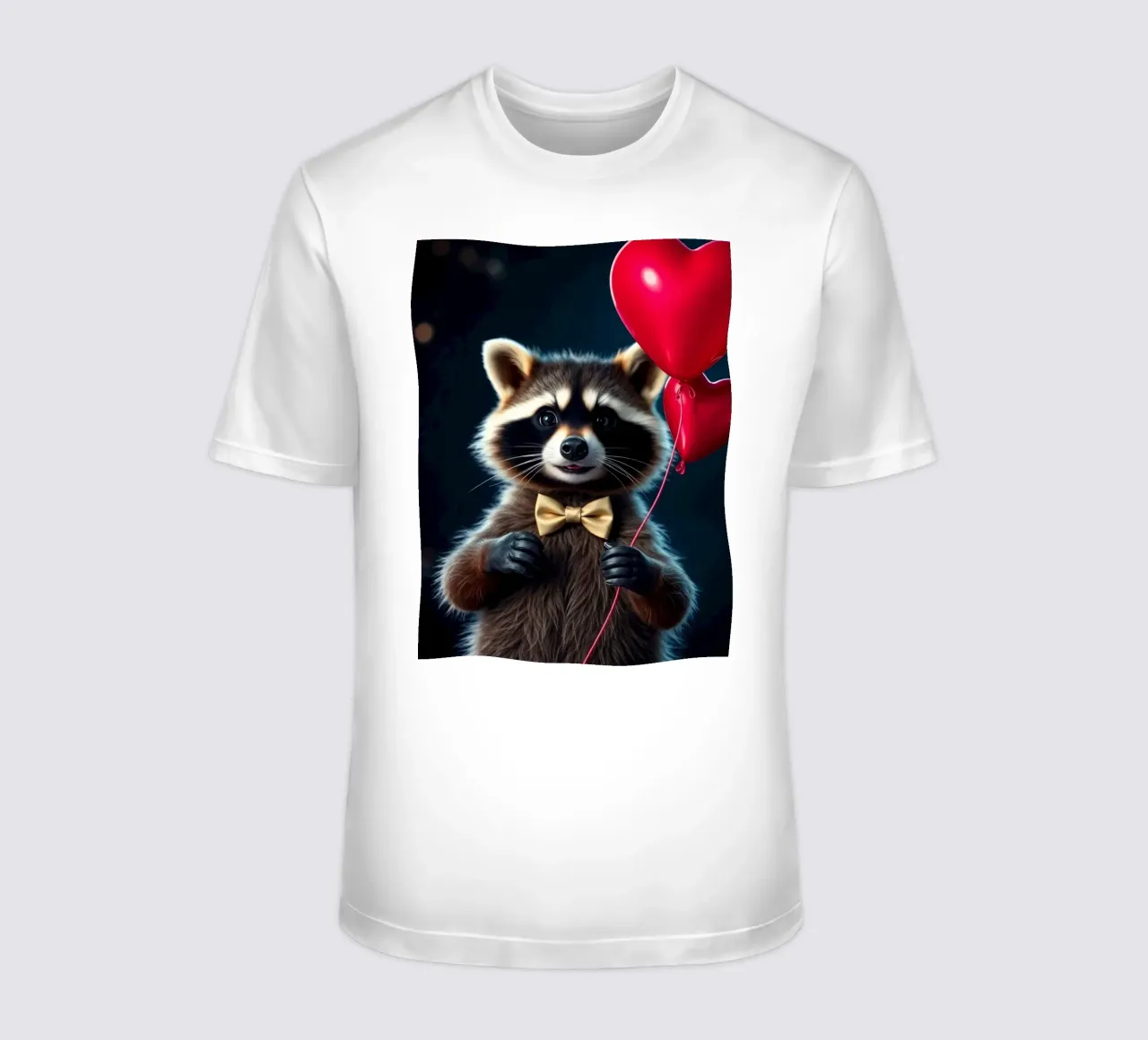 Procione che tiene in mano un palloncino a forma di cuore in un contesto di festa t-shirt da DesignDoodle