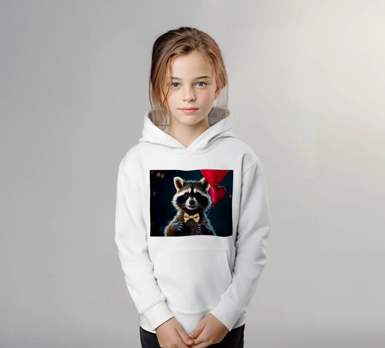 Procione che tiene in mano un palloncino a forma di cuore in un contesto di festa felpa bambino con cappuccio da DesignDoodle