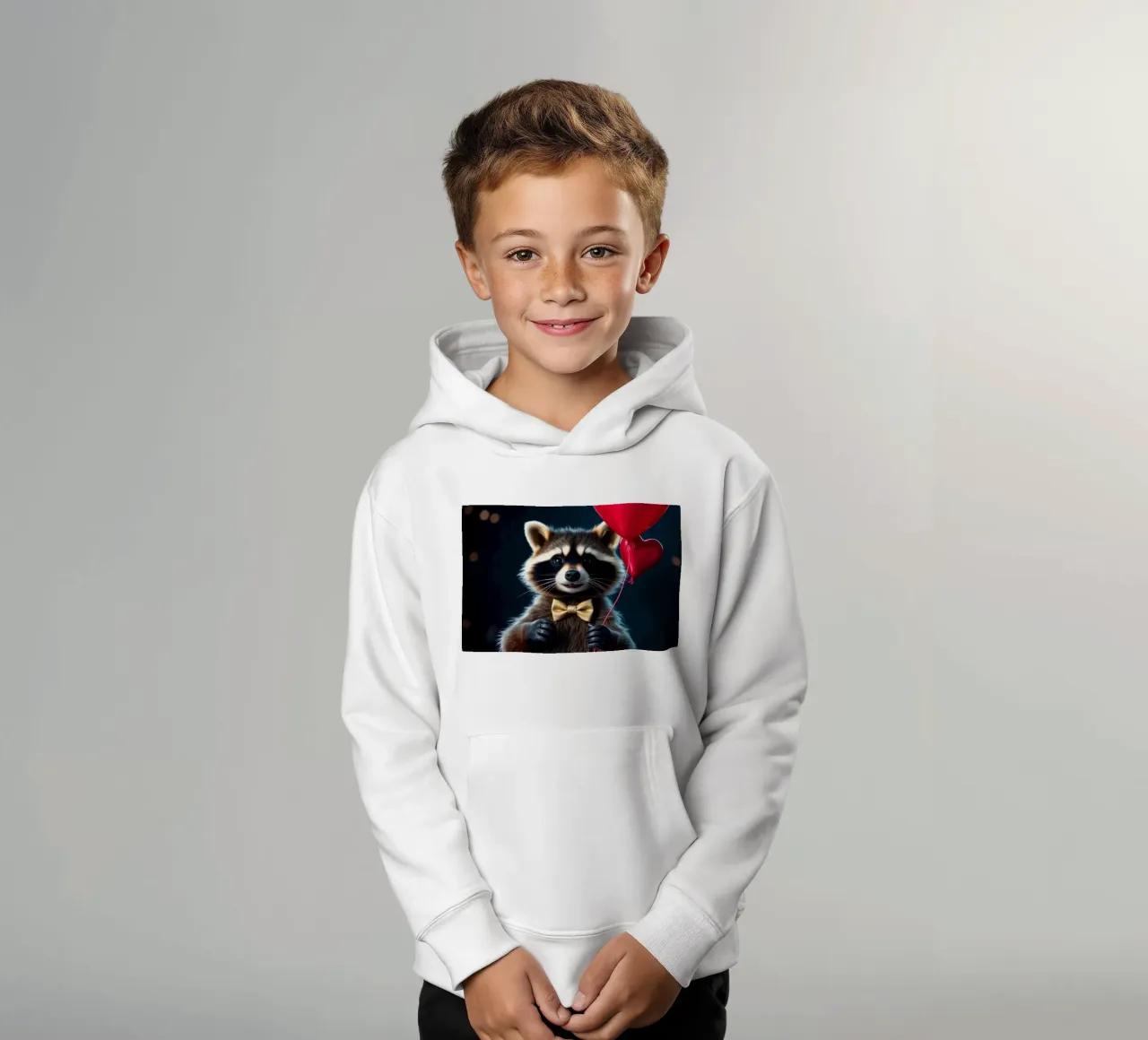 Procione che tiene in mano un palloncino a forma di cuore in un contesto di festa felpa bambino con cappuccio da DesignDoodle