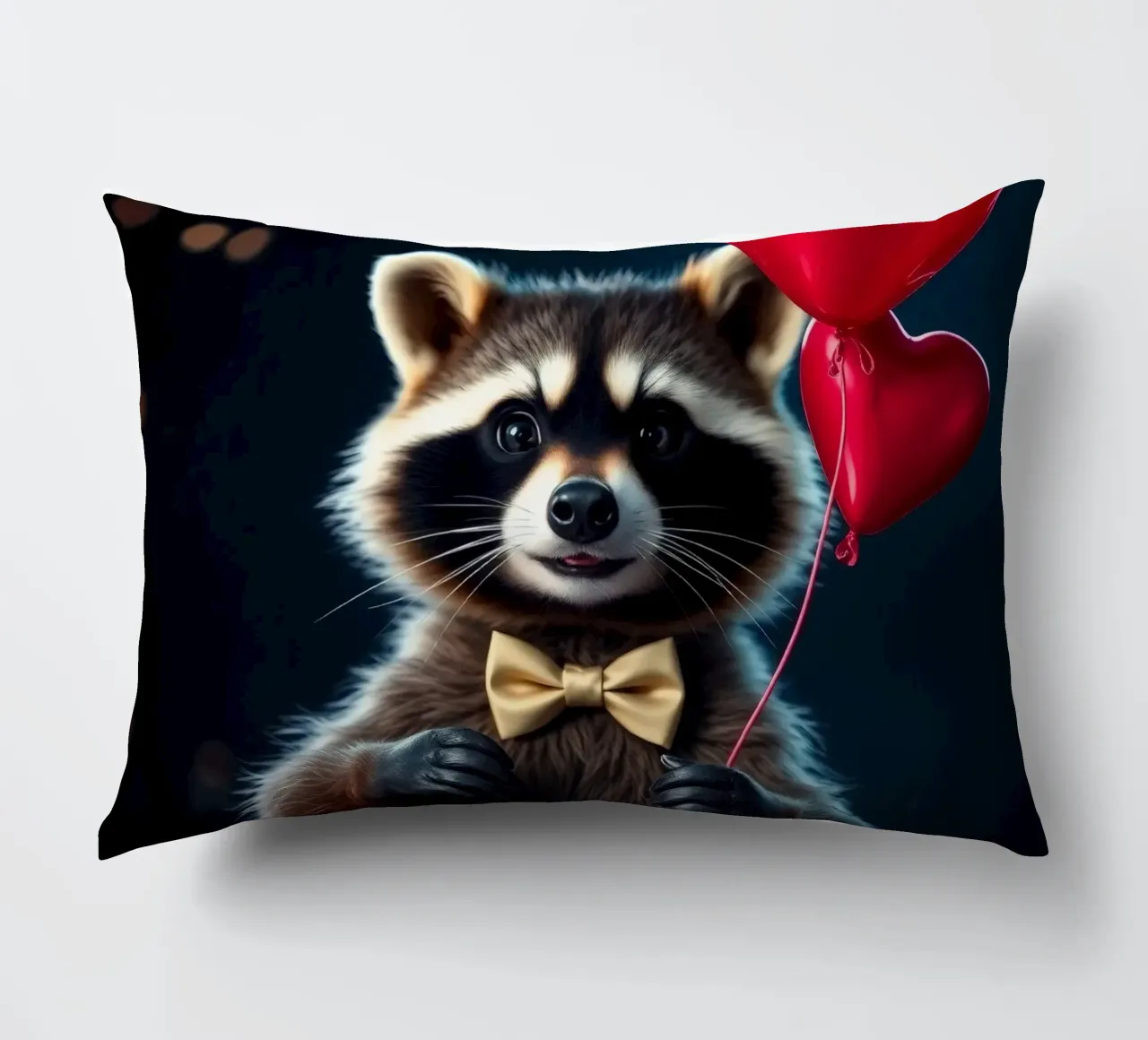 Procione che tiene in mano un palloncino a forma di cuore in un contesto di festa cuscino da DesignDoodle