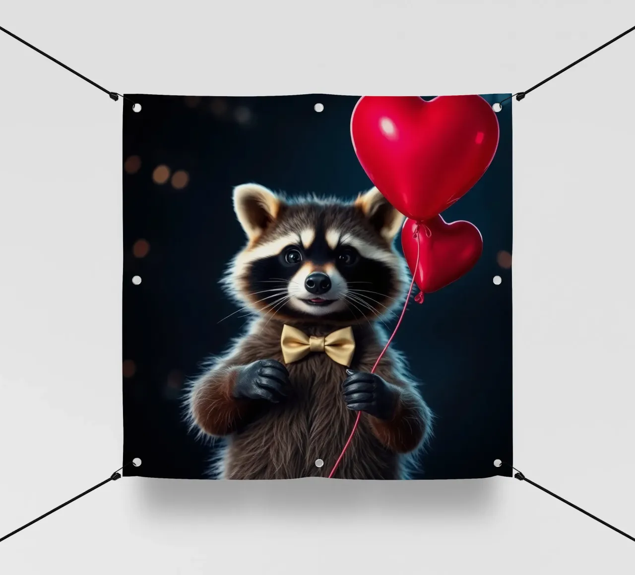Procione che tiene in mano un palloncino a forma di cuore in un contesto di festa telo in pvc da DesignDoodle