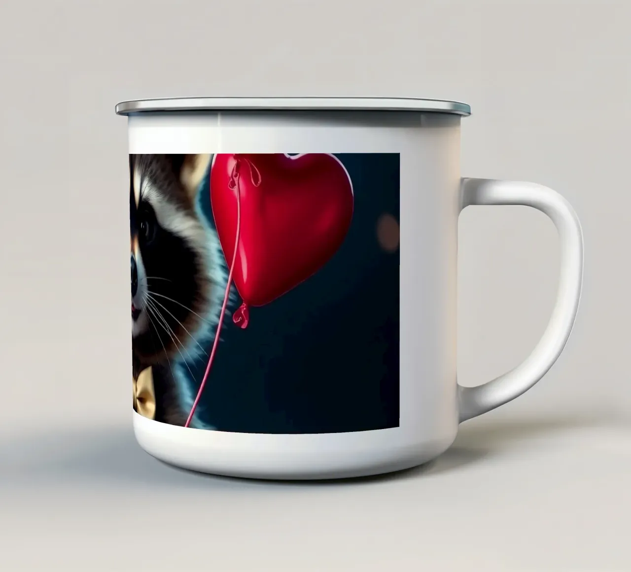 Procione che tiene in mano un palloncino a forma di cuore in un contesto di festa tazza in smalto da DesignDoodle