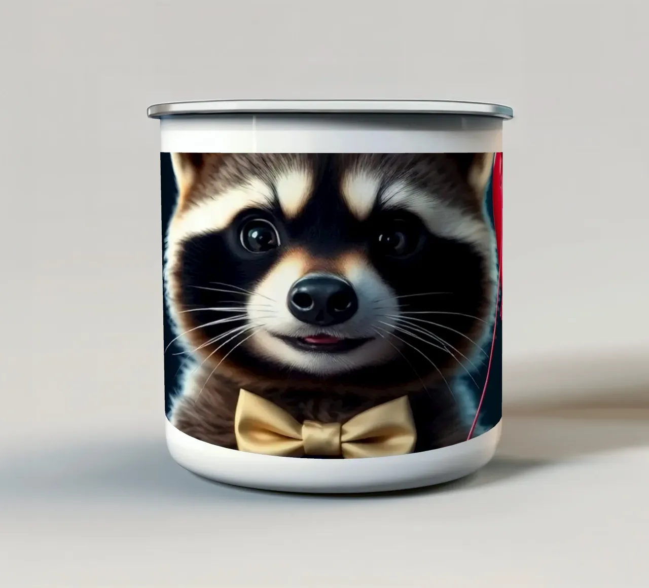 Procione che tiene in mano un palloncino a forma di cuore in un contesto di festa tazza in smalto da DesignDoodle