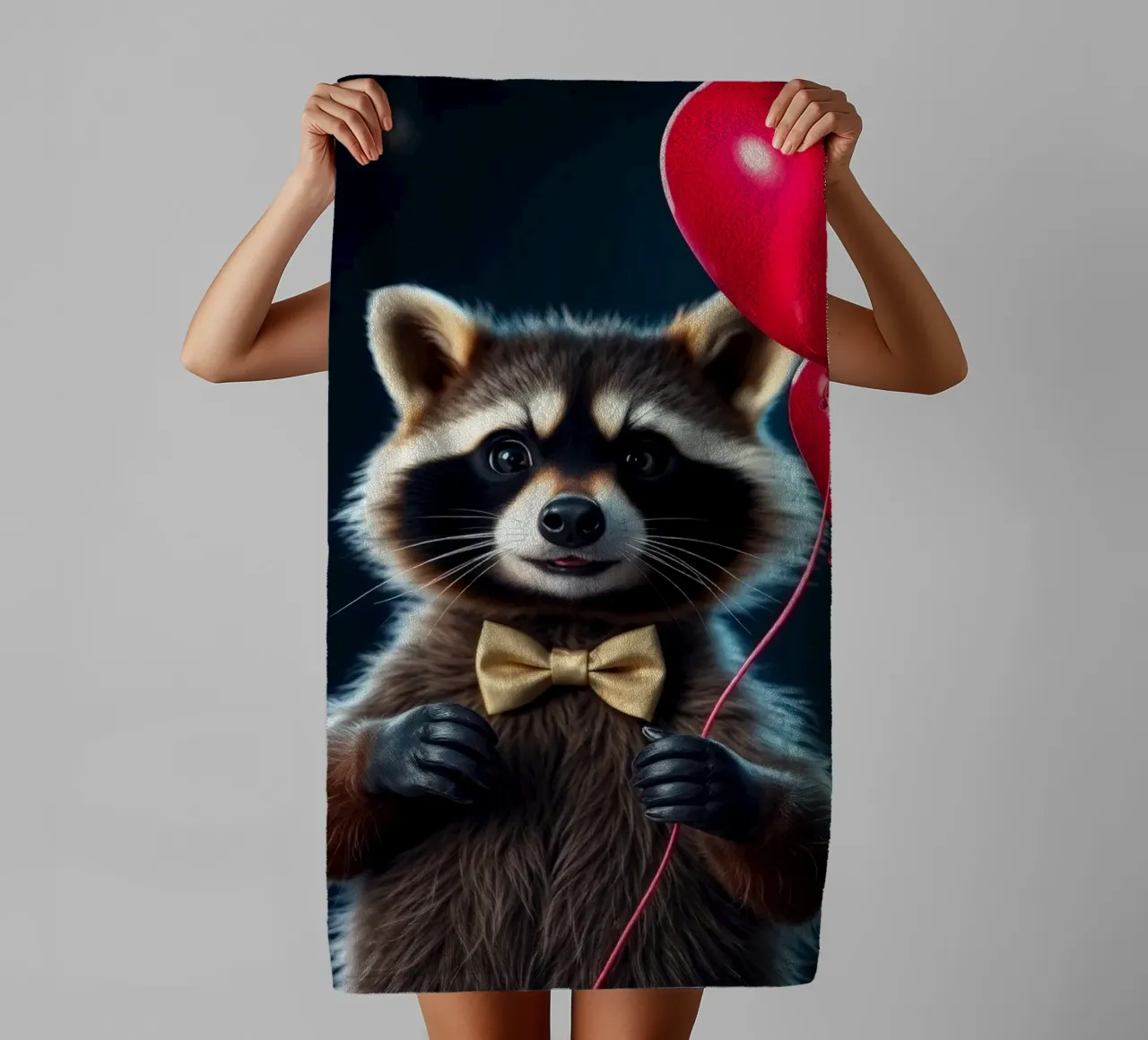 Procione che tiene in mano un palloncino a forma di cuore in un contesto di festa asciugamano da bagno da DesignDoodle