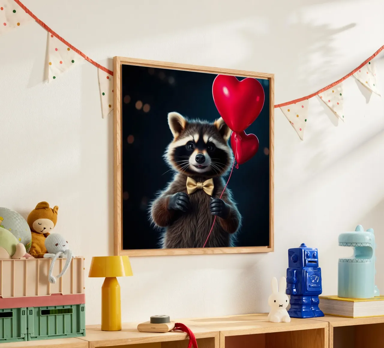 Procione che tiene in mano un palloncino a forma di cuore in un contesto di festa plexiglass da DesignDoodle