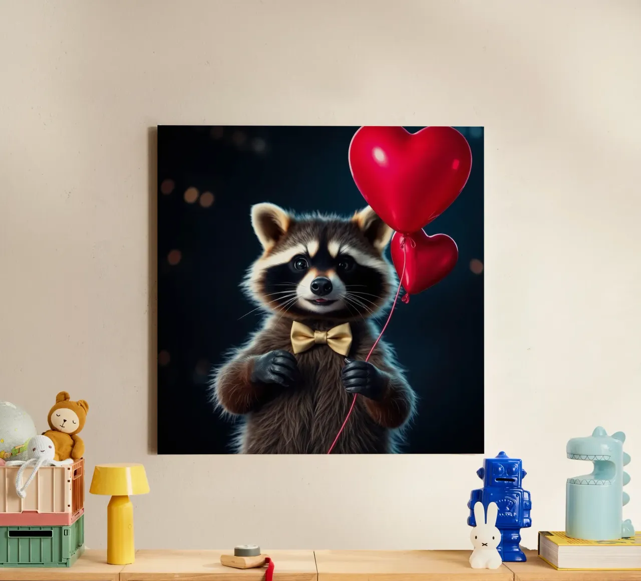 Procione che tiene in mano un palloncino a forma di cuore in un contesto di festa tela da DesignDoodle