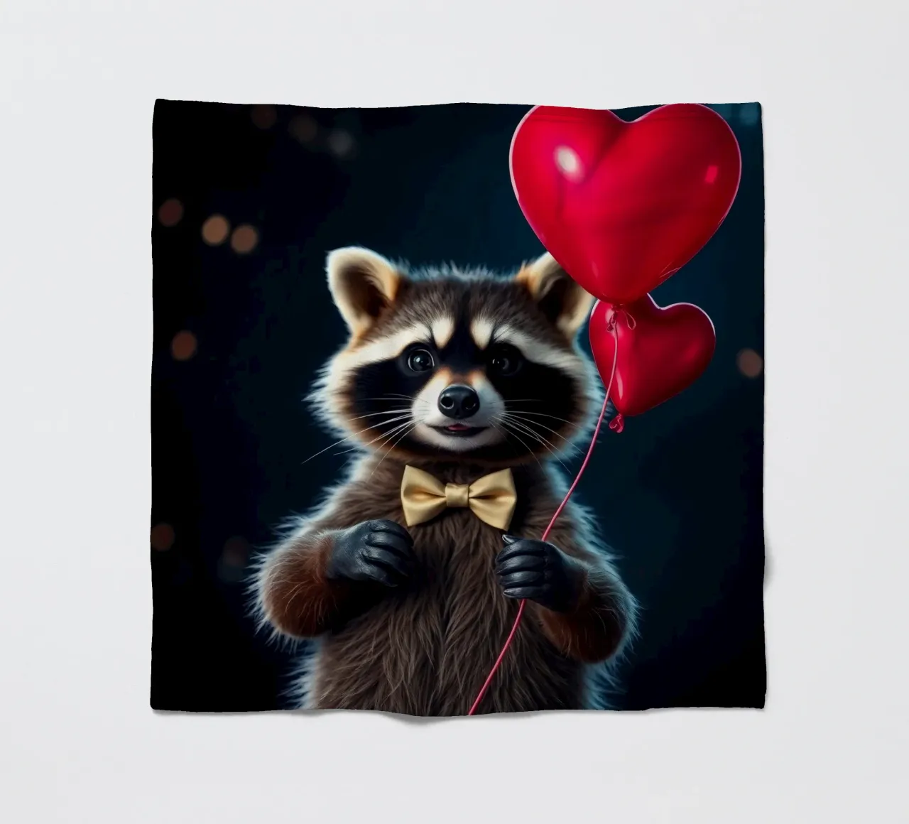 Procione che tiene in mano un palloncino a forma di cuore in un contesto di festa coperta in pile da DesignDoodle