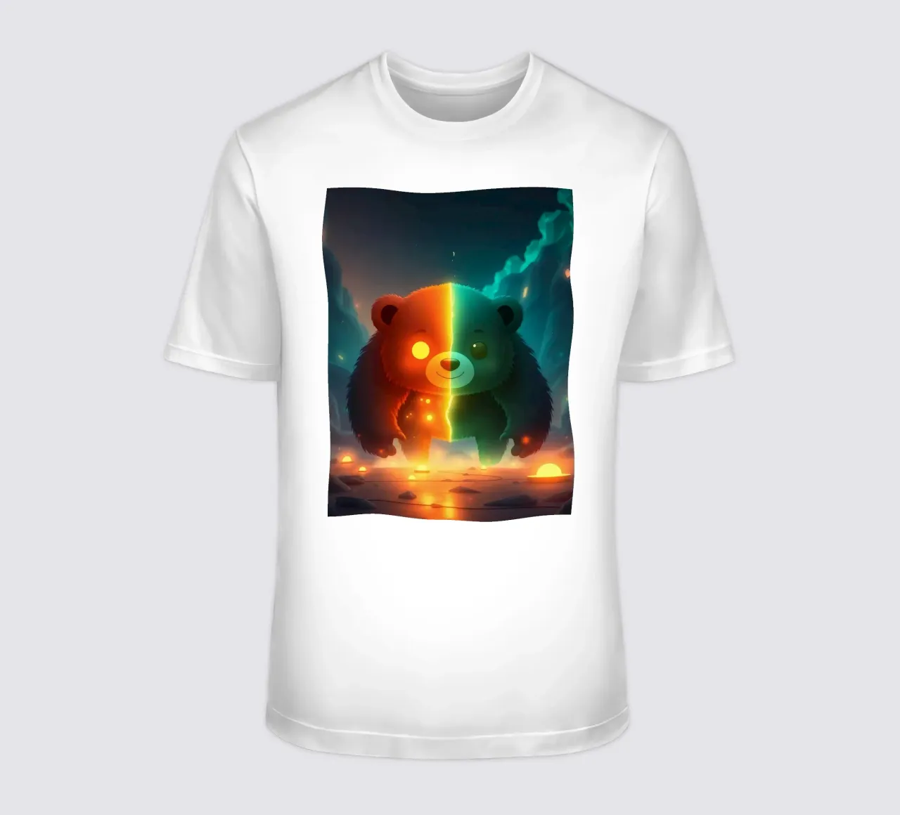 Panda enchanté avec des éléments lumineux marchant à travers un paysage mystique t-shirt de DesignDoodle