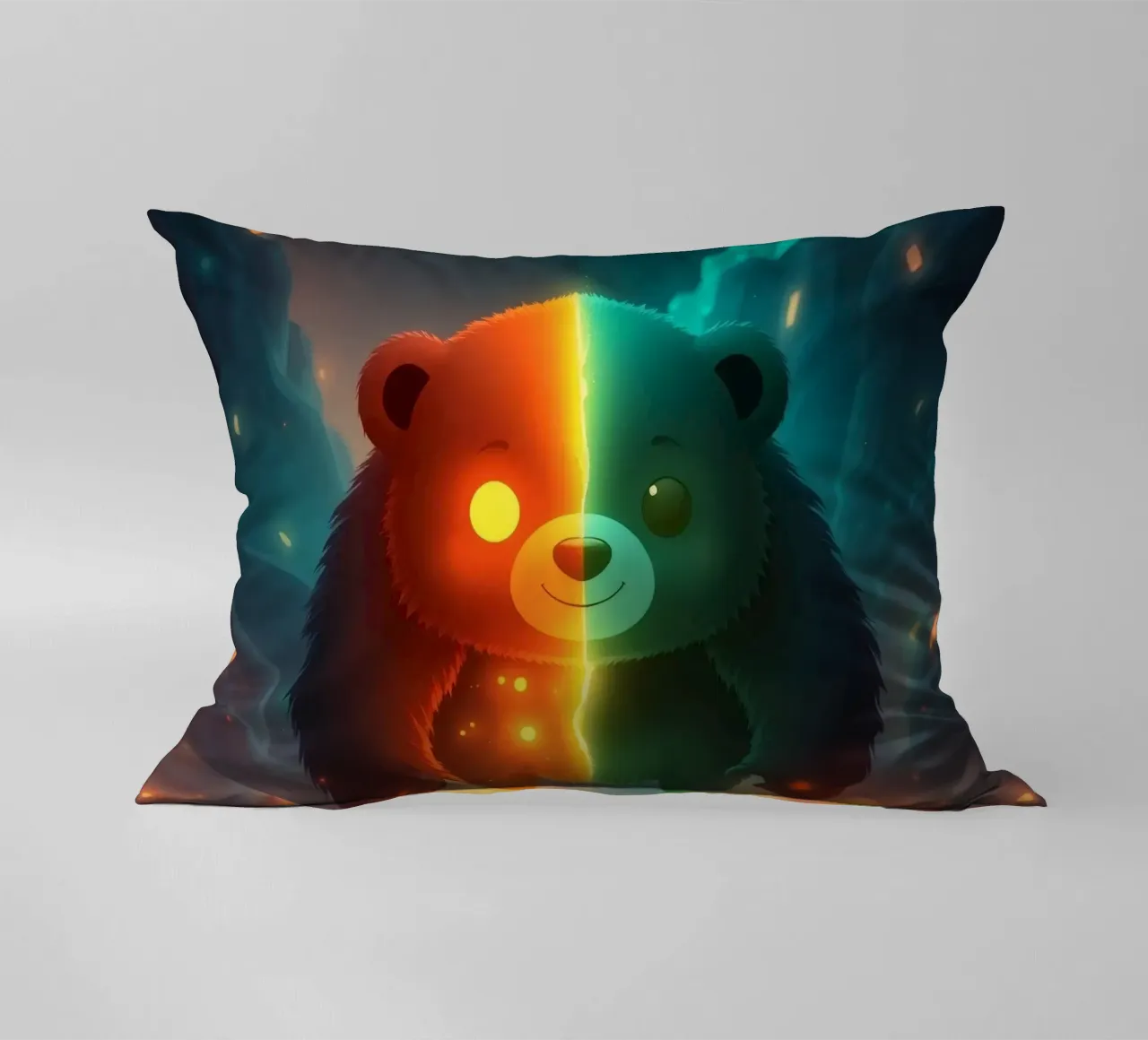 Panda incantato con elementi luminosi che cammina attraverso il mistico cuscino da DesignDoodle