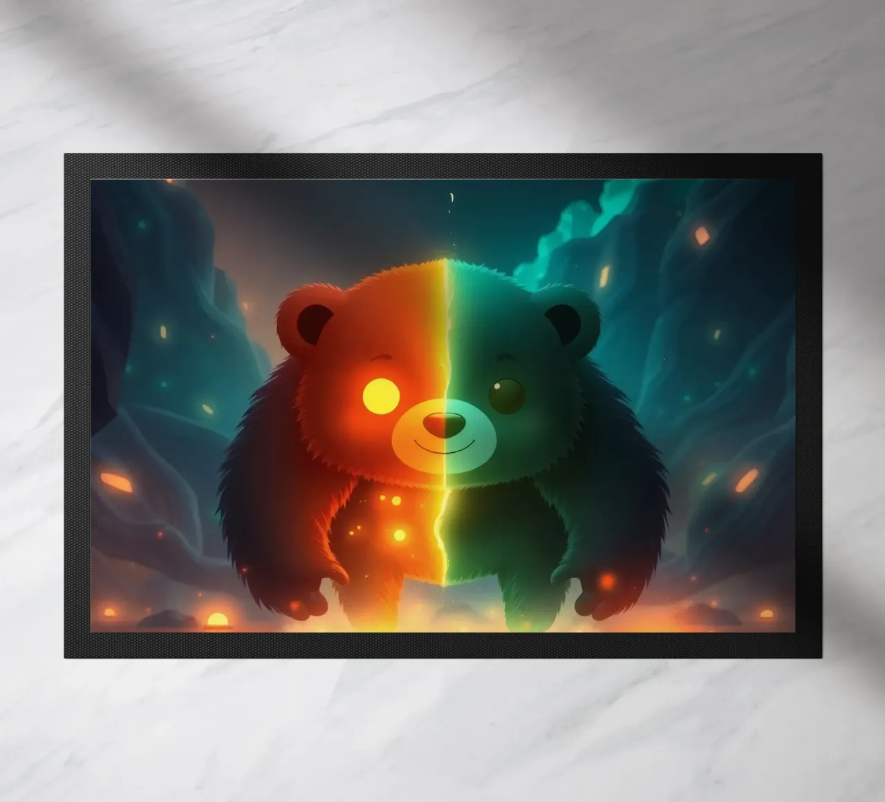 Panda incantato con elementi luminosi che cammina attraverso il mistico zerbino da DesignDoodle