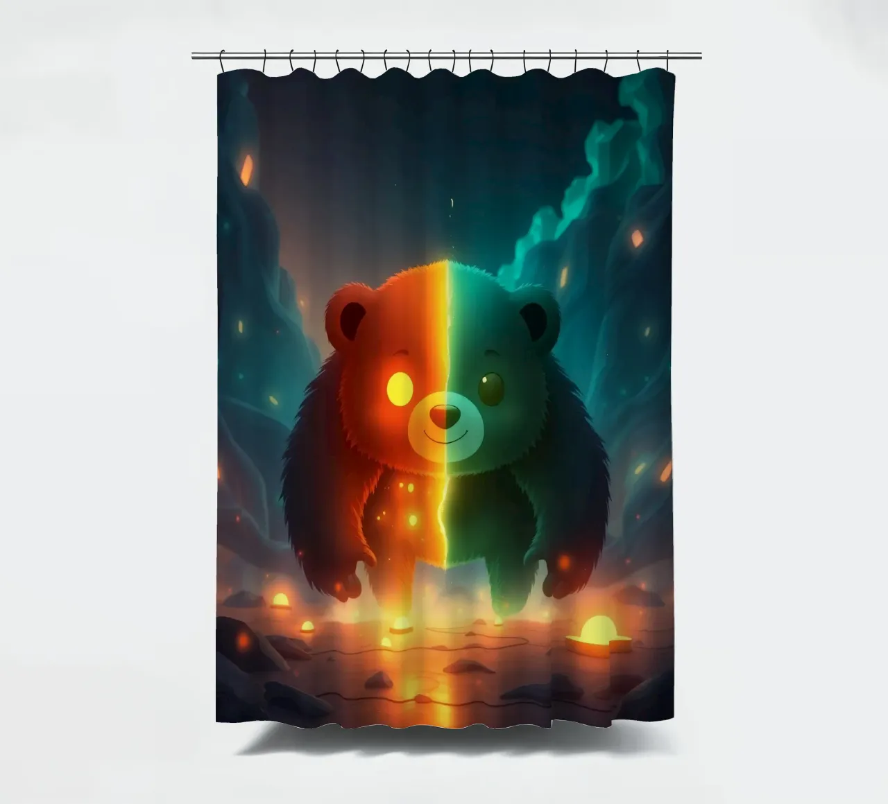 Enchanted panda with glowing elements walking through mystic shower curtain by DesignDoodle