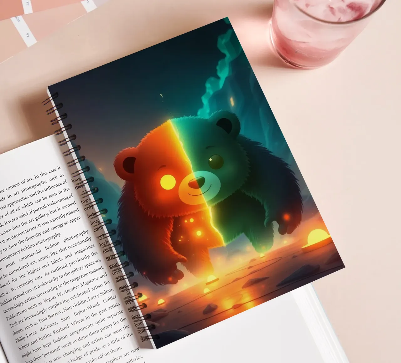Enchanted panda with glowing elements walking through mystic spiral notebook by DesignDoodle