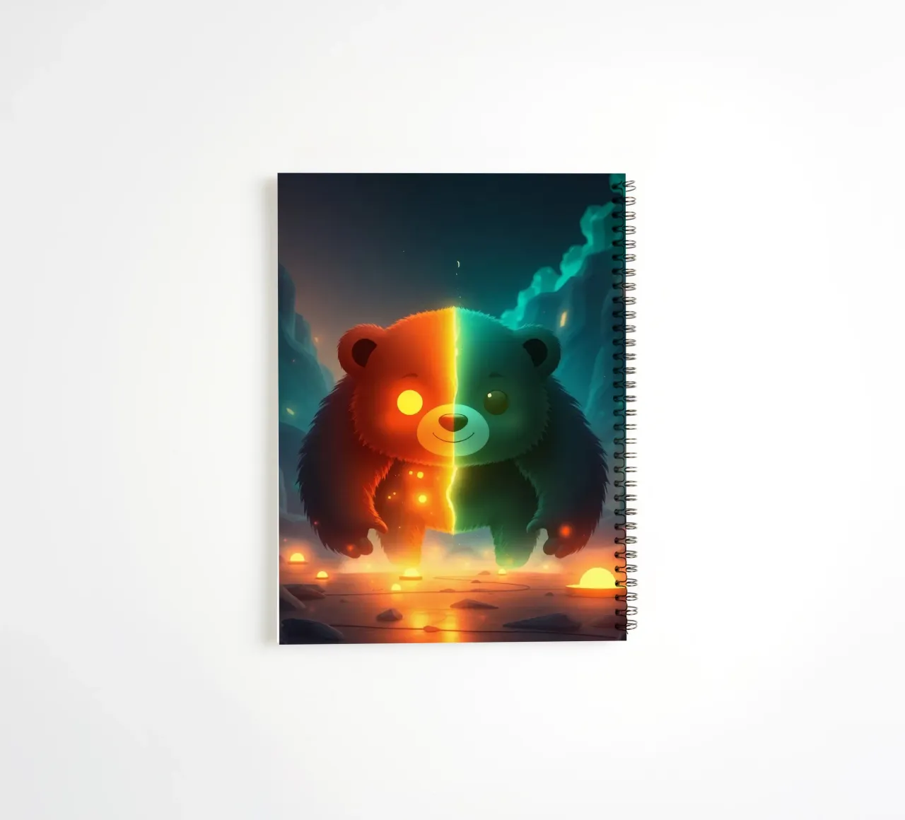 Enchanted panda with glowing elements walking through mystic spiral notebook by DesignDoodle