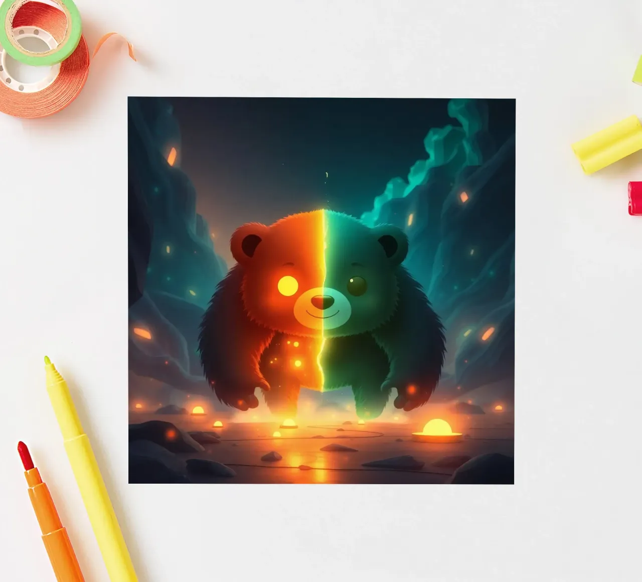 Panda enchanté avec des éléments lumineux marchant à travers un paysage mystique autocollant de DesignDoodle