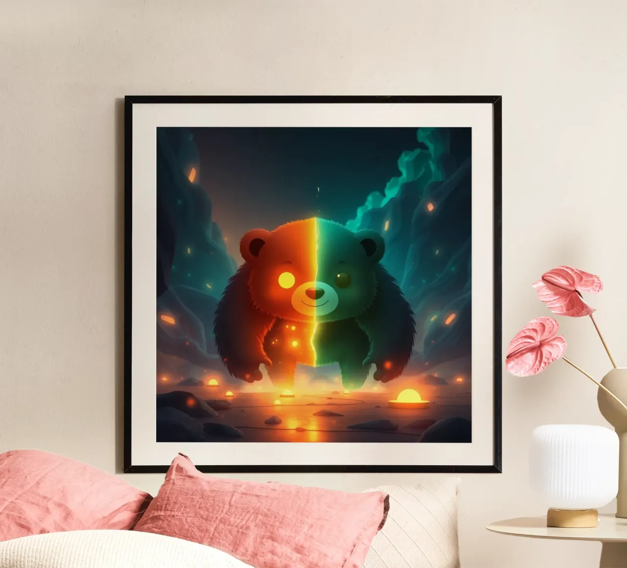 Panda enchanté avec des éléments lumineux marchant à travers un paysage mystique hahnemühle de DesignDoodle