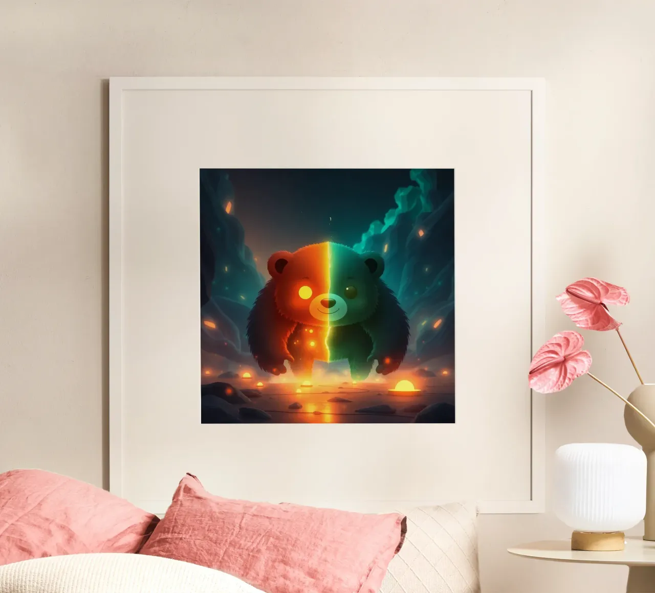 Panda enchanté avec des éléments lumineux marchant à travers un paysage mystique hahnemühle de DesignDoodle