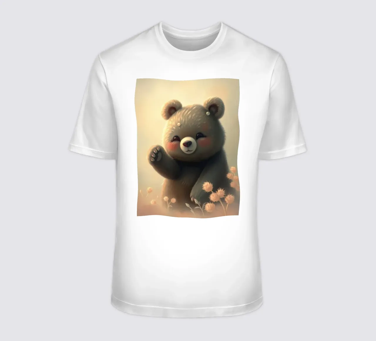 Ours mignon faisant un signe de la main dans un champ de fleurs serein t-shirt de DesignDoodle