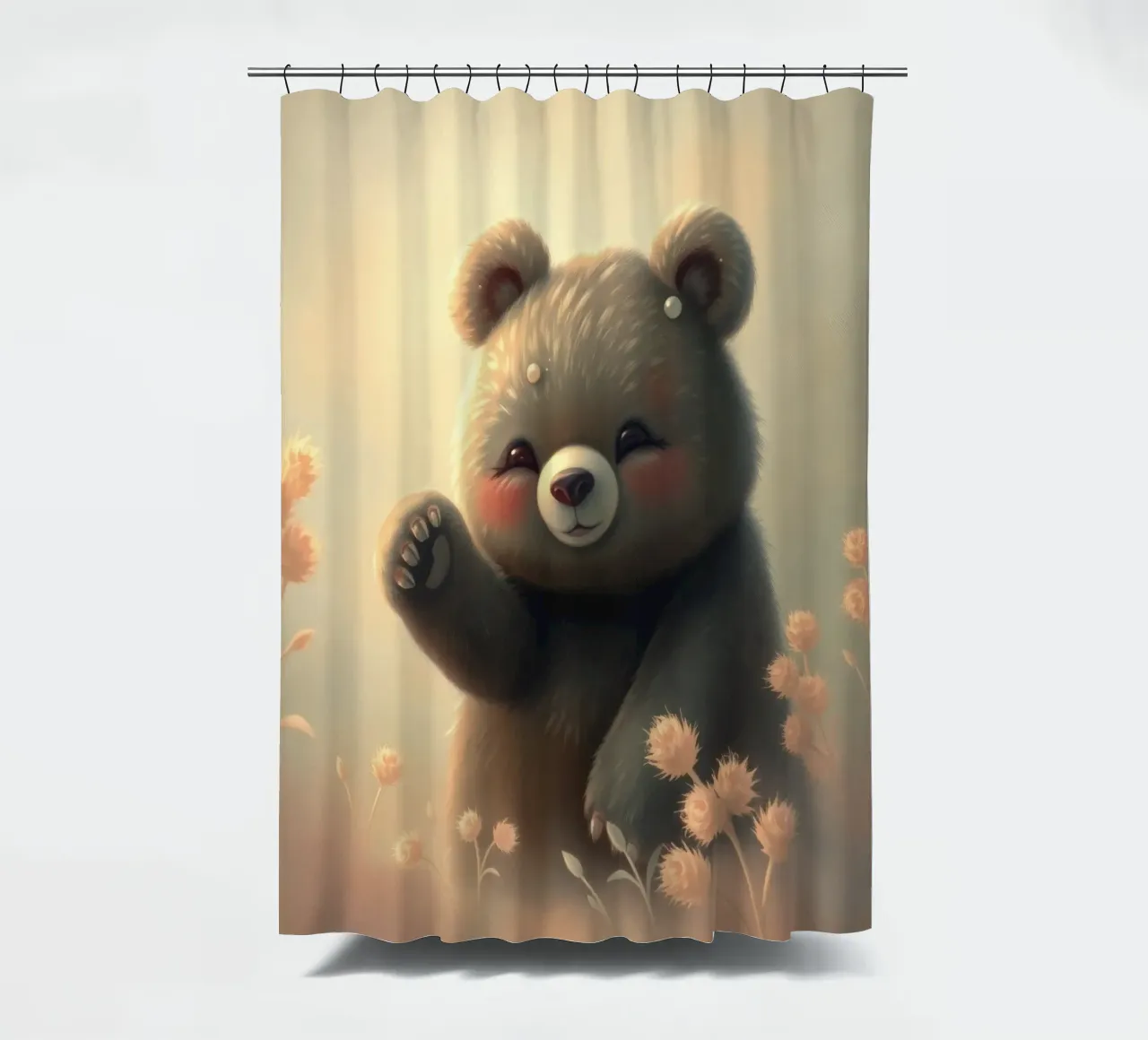 Cute bear waving in a serene flower field shower curtain by DesignDoodle