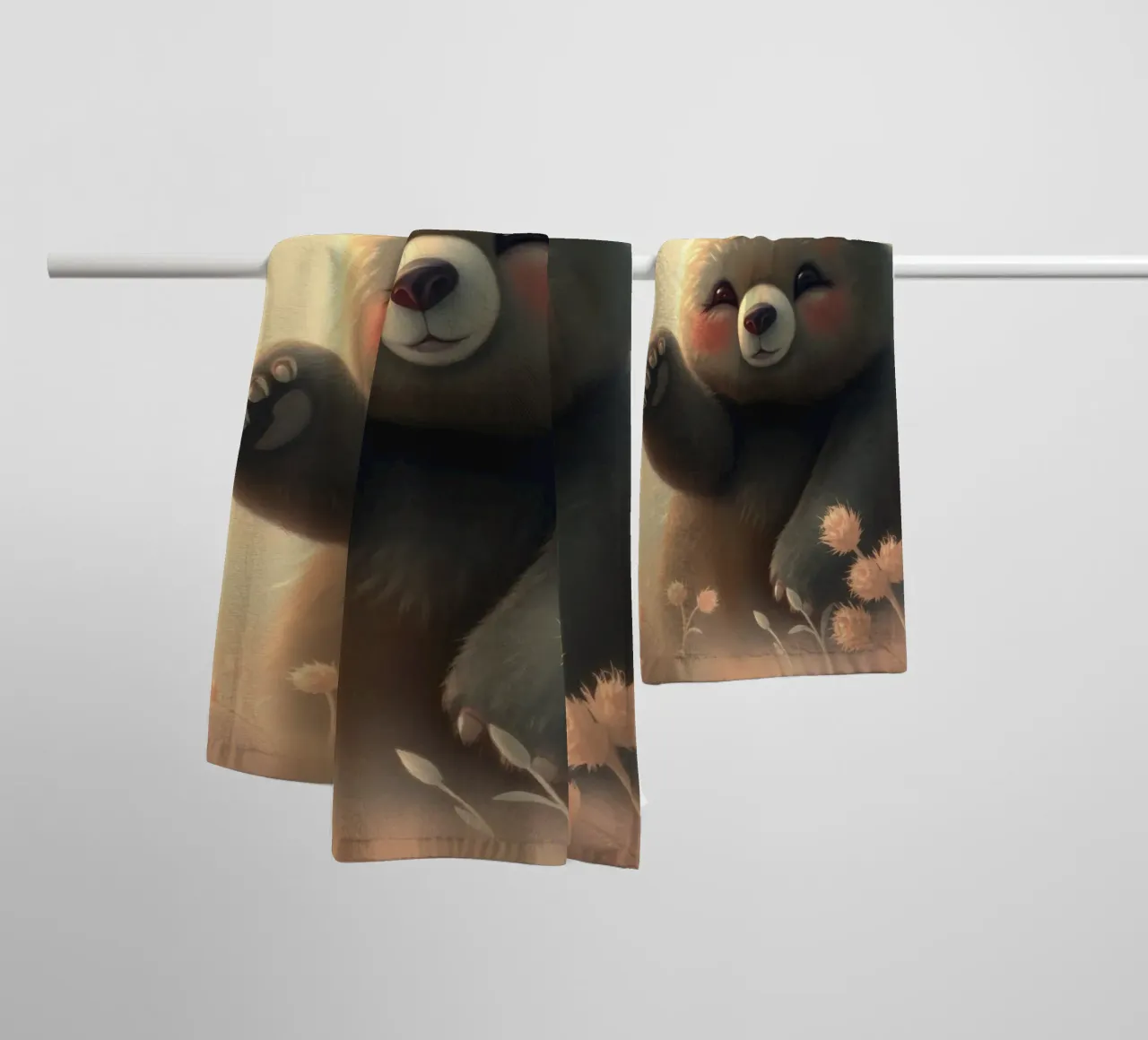 Ours mignon faisant un signe de la main dans un champ de fleurs serein serviette de bain de DesignDoodle