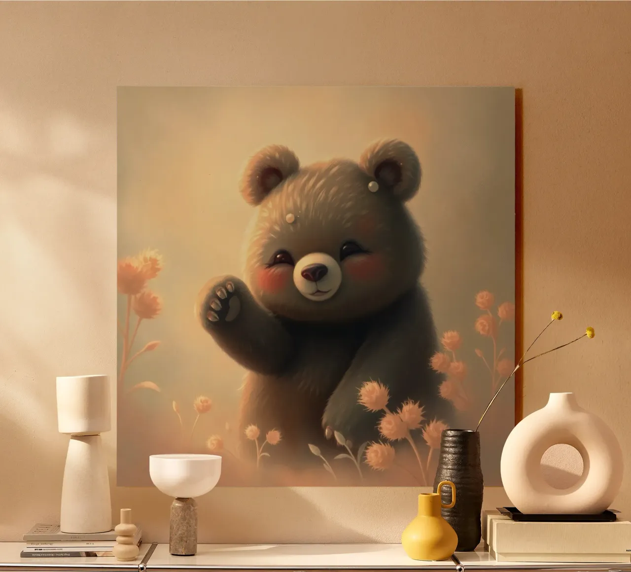 Ours mignon faisant un signe de la main dans un champ de fleurs serein alu dibond de DesignDoodle