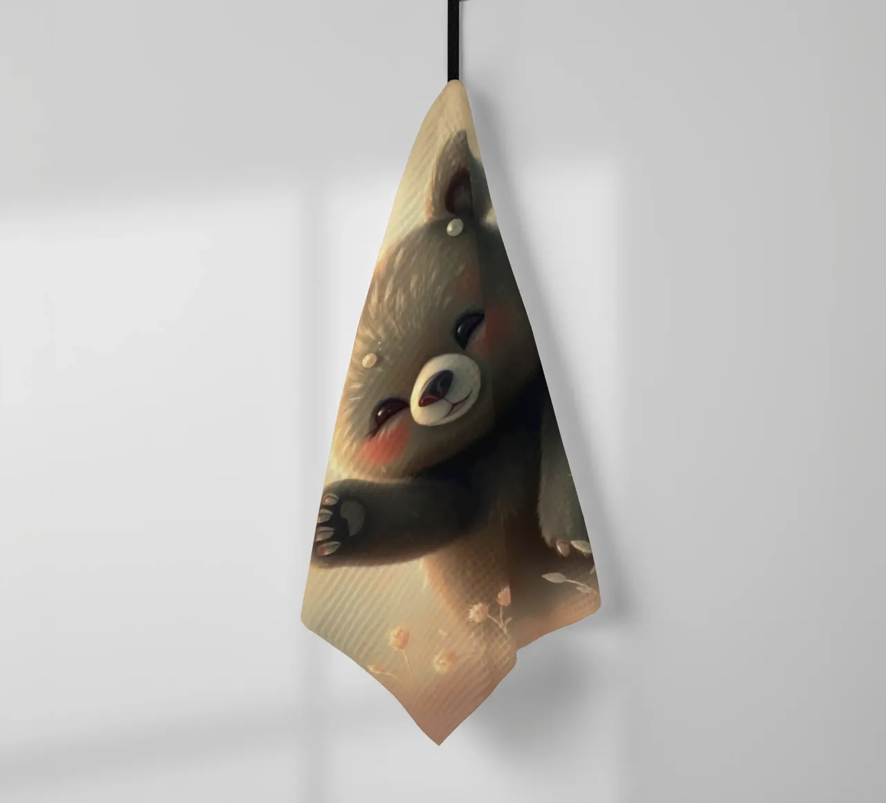 Ours mignon faisant un signe de la main dans un champ de fleurs serein torchon de DesignDoodle