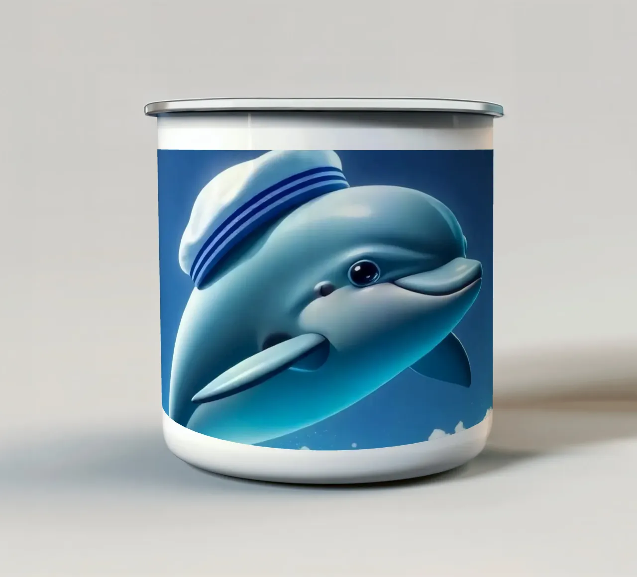 Dolfijn met matrozenhoed springt door oceaangolven emaille mok van DesignDoodle