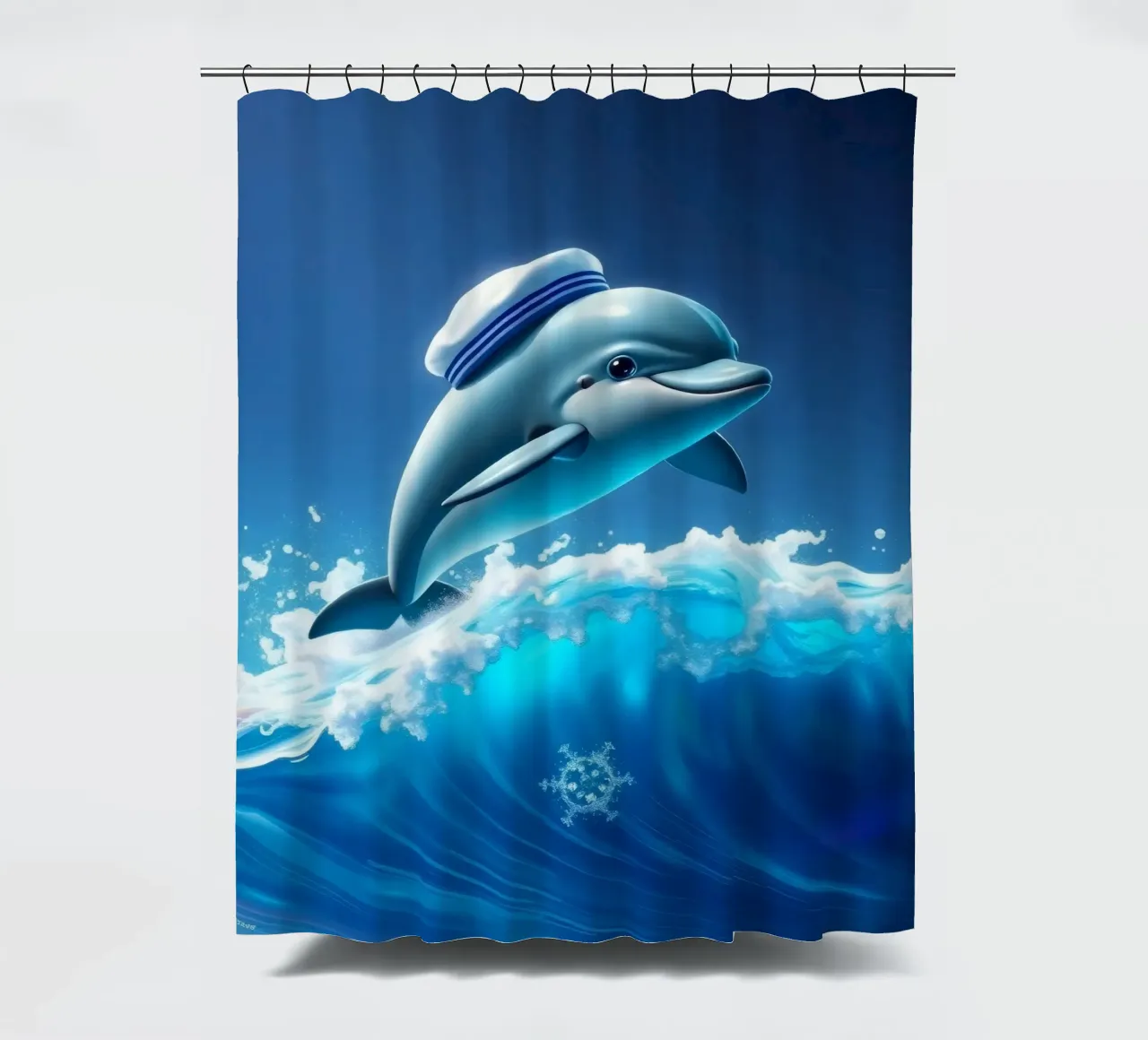 Dolfijn met matrozenhoed springt door oceaangolven douchegordijn van DesignDoodle