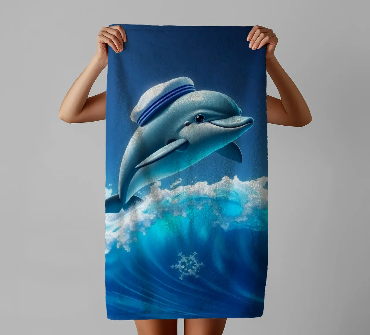 Dolfijn met matrozenhoed springt door oceaangolven badhanddoek van DesignDoodle
