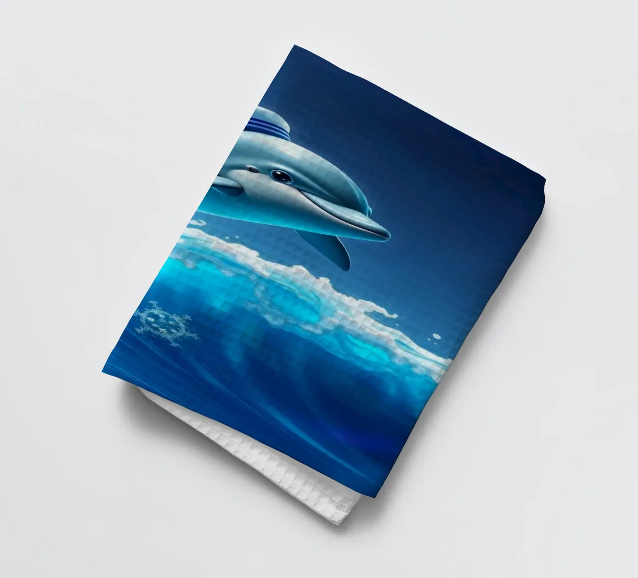 Un dauphin portant un chapeau de marin saute à travers les vagues de l'océan torchon de DesignDoodle