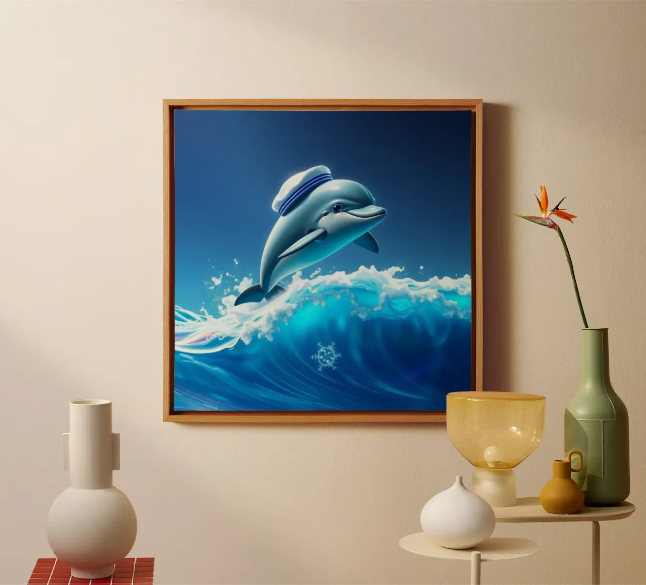 Dolfijn met matrozenhoed springt door oceaangolven canvas van DesignDoodle