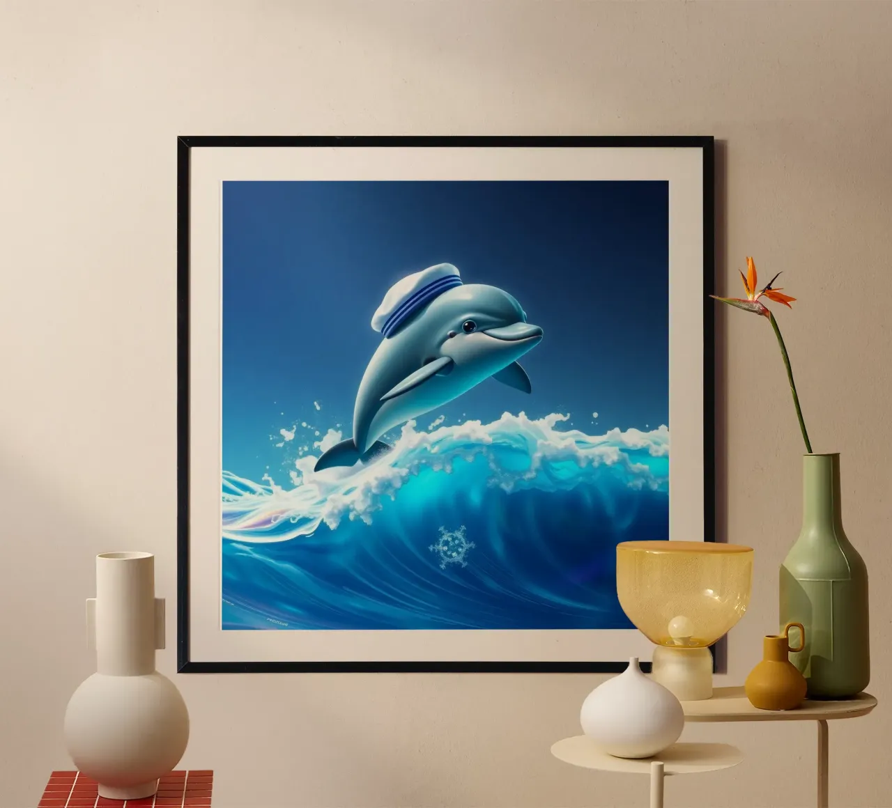 Dolfijn met matrozenhoed springt door oceaangolven hahnemühle van DesignDoodle