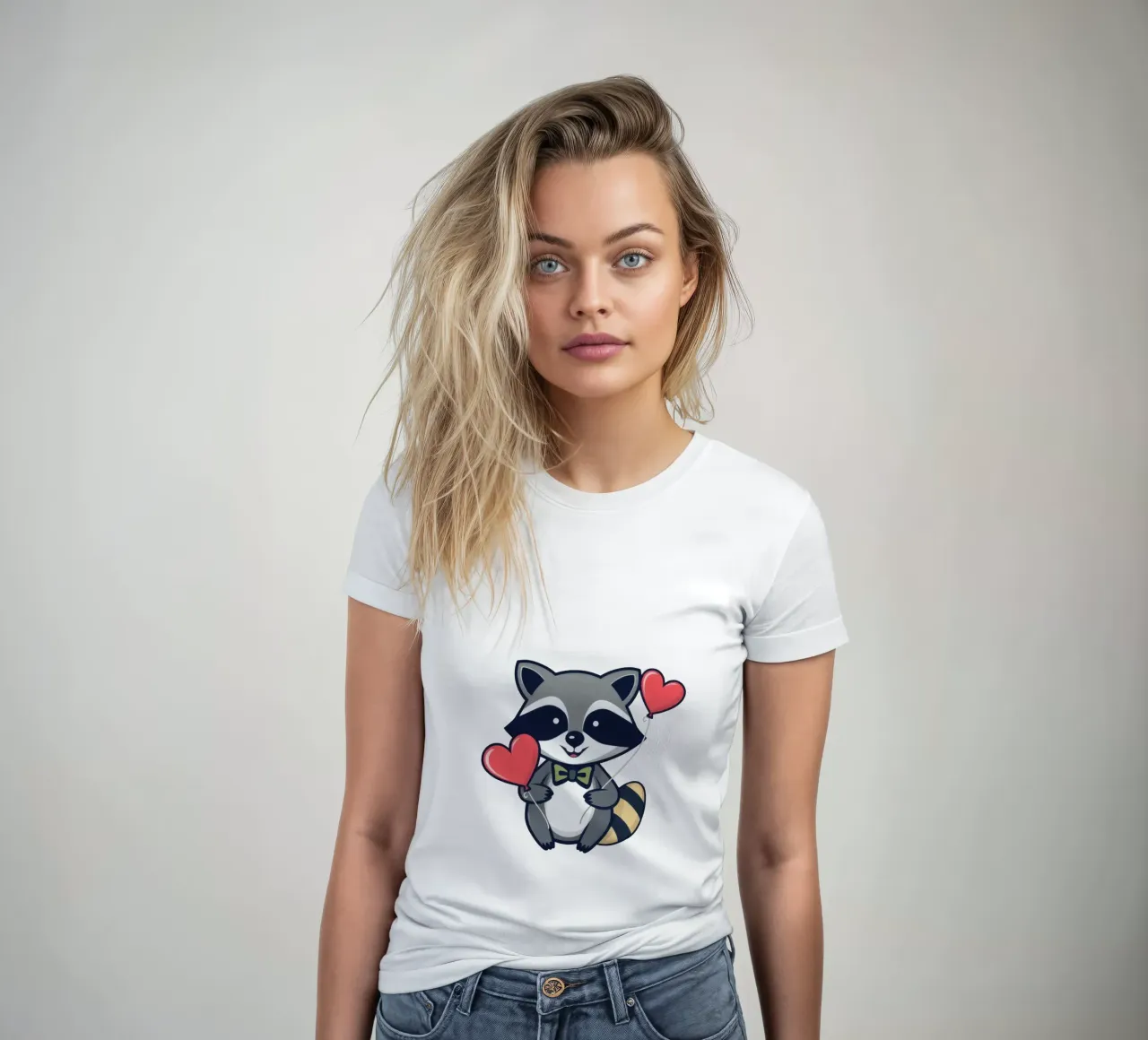 Mignon personnage de raton laveur tenant des ballons en forme de coeur avec un charmin t-shirt ajusté pour femmes de DesignDoodle