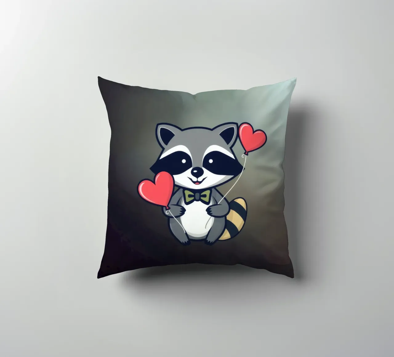 Simpatico personaggio di procione che tiene in mano palloncini a forma di cuore con una cuscino da DesignDoodle