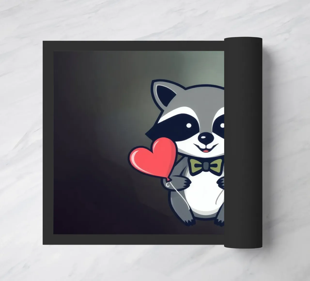 Simpatico personaggio di procione che tiene in mano palloncini a forma di cuore con una zerbino da DesignDoodle