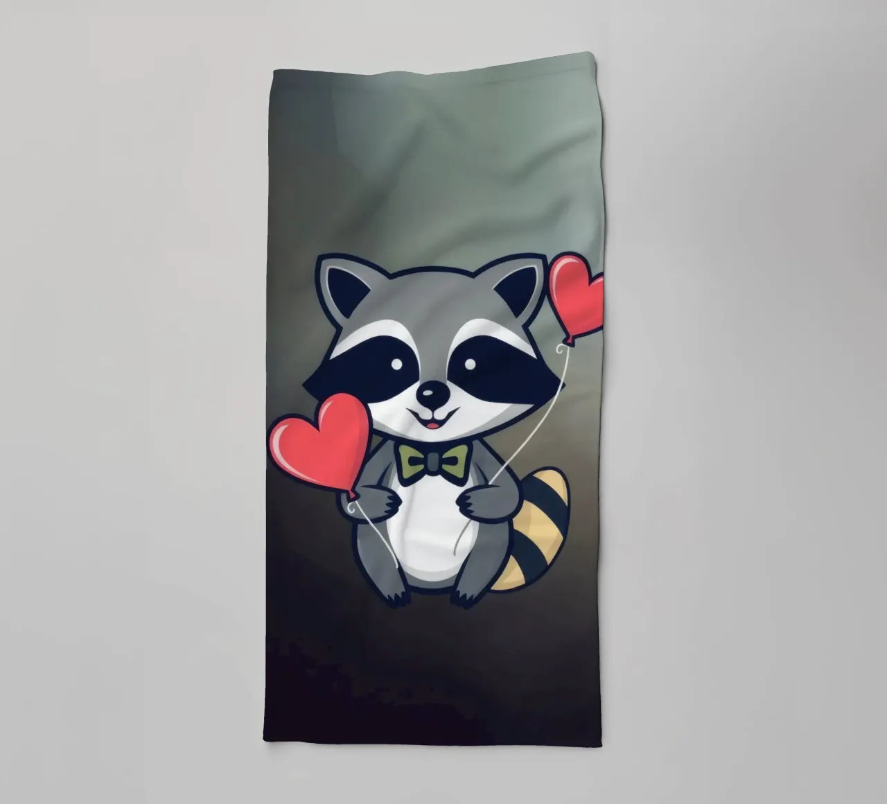 Simpatico personaggio di procione che tiene in mano palloncini a forma di cuore con una asciugamano da bagno da DesignDoodle
