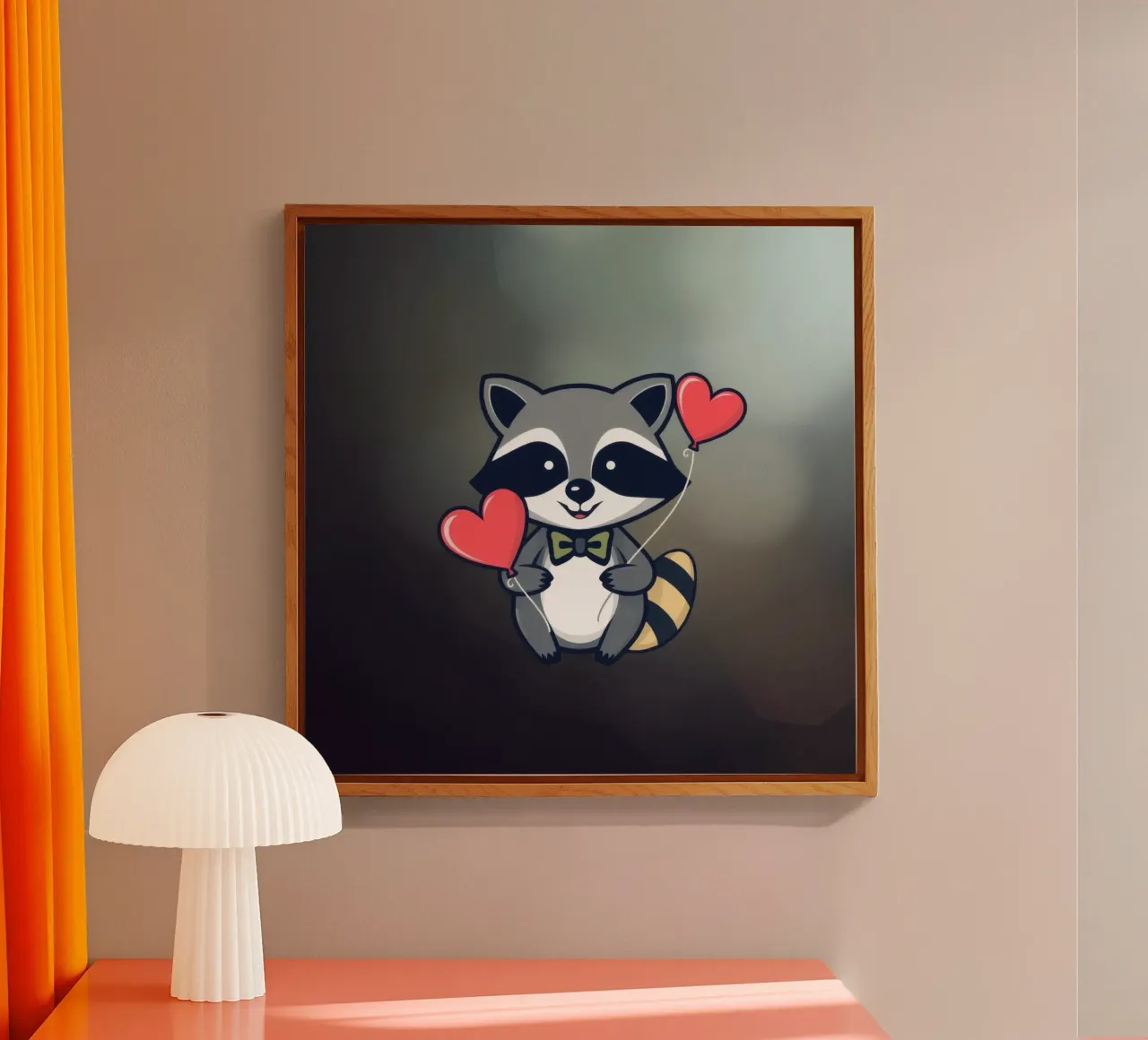 Simpatico personaggio di procione che tiene in mano palloncini a forma di cuore con una plexiglass da DesignDoodle