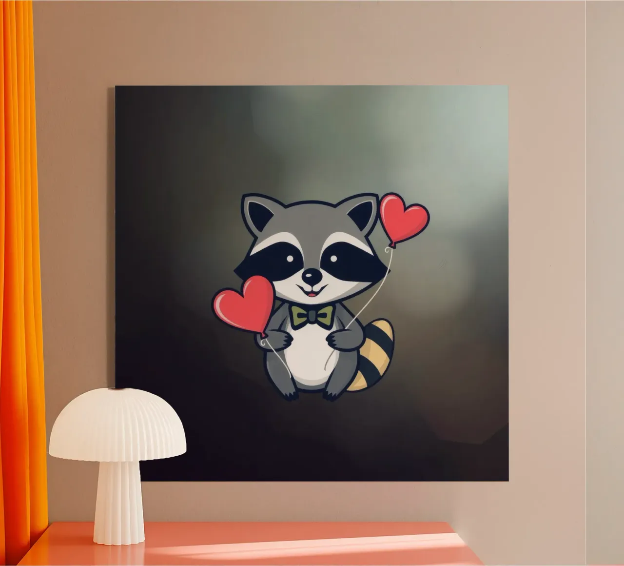 Simpatico personaggio di procione che tiene in mano palloncini a forma di cuore con una plexiglass da DesignDoodle