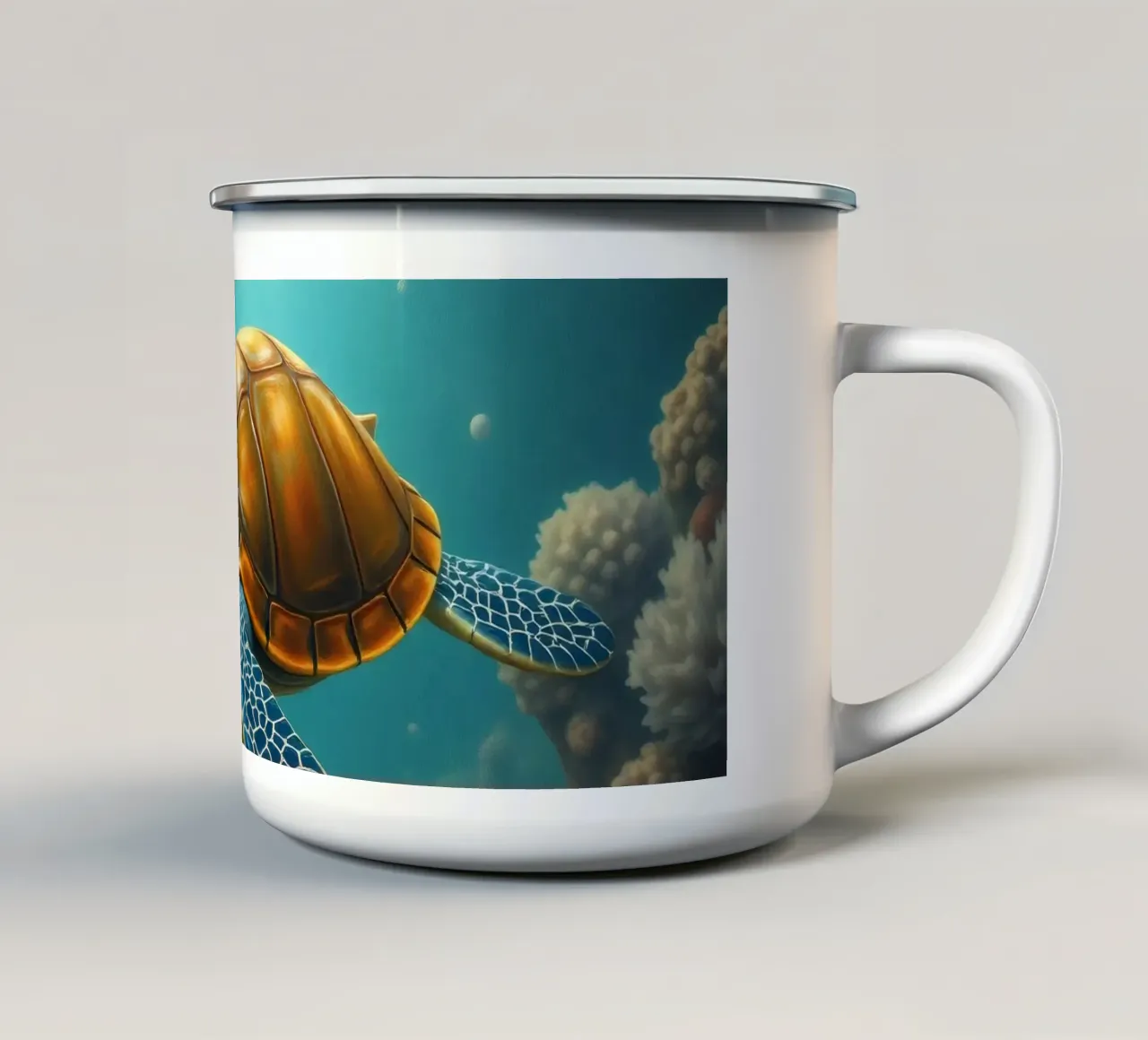 Une tortue de mer nage gracieusement dans un récif corallien dynamique mug en émail de DesignDoodle
