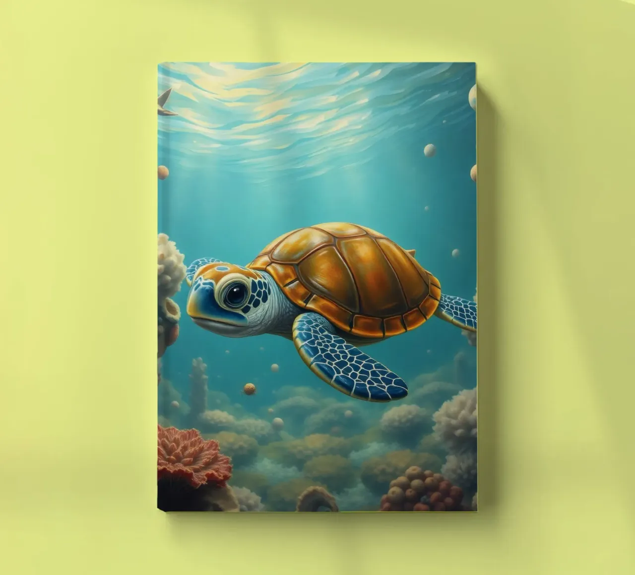 Sea turtle swims gracefully through vibrant coral reef notebook by DesignDoodle
