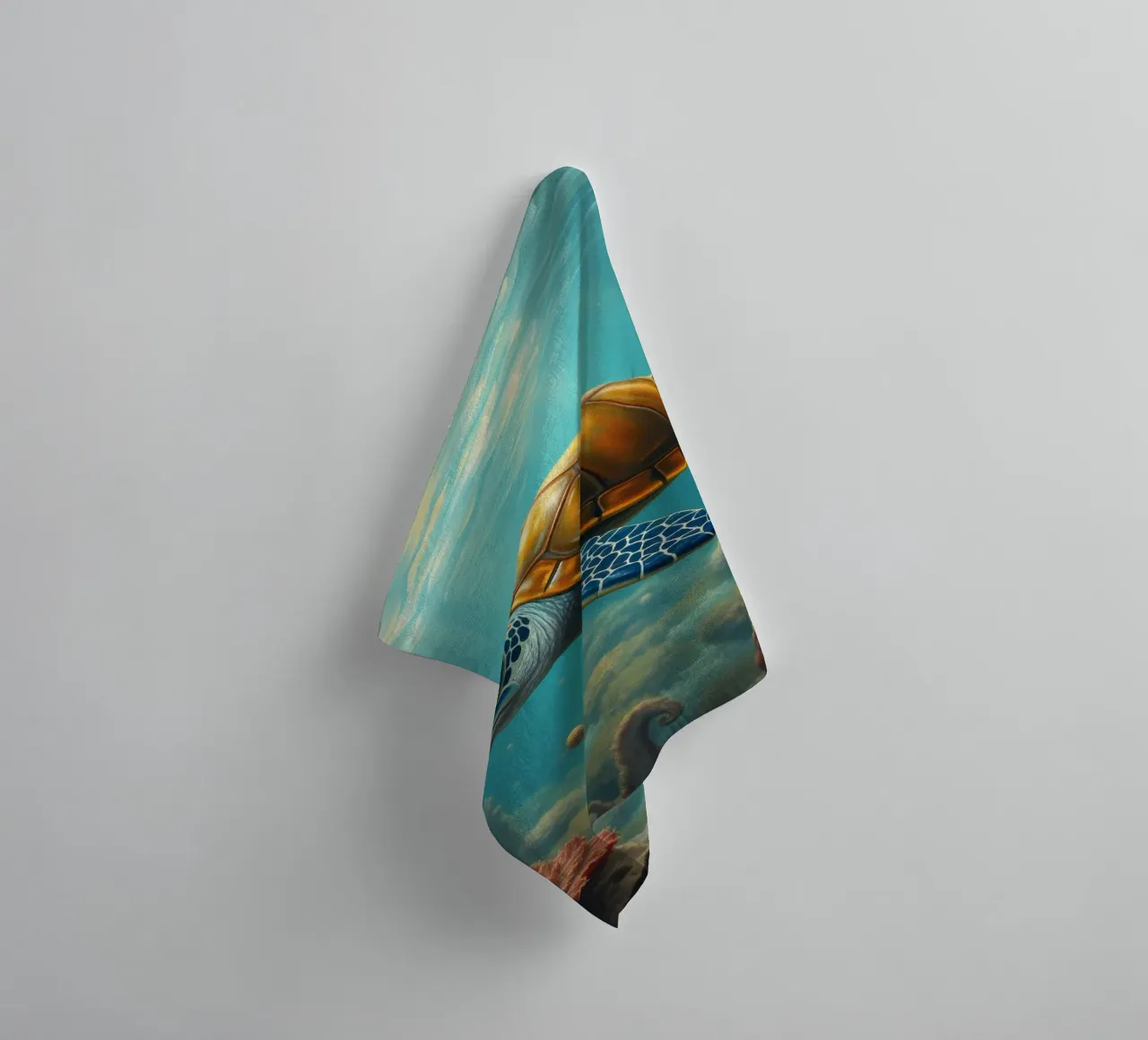 Sea turtle swims gracefully through vibrant coral reef towel by DesignDoodle
