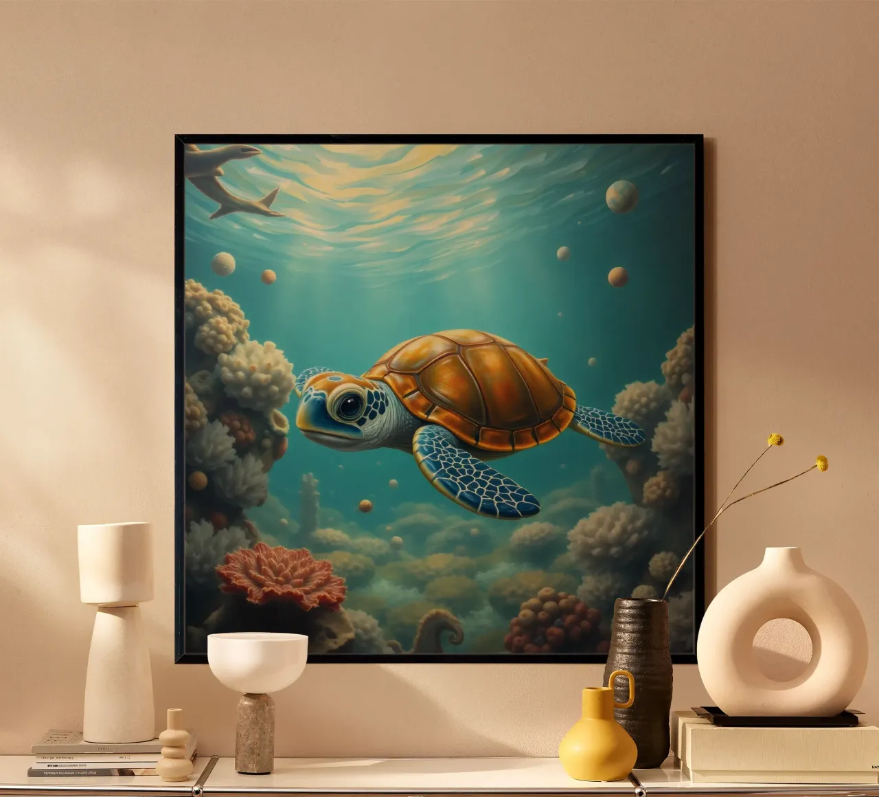 Une tortue de mer nage gracieusement dans un récif corallien dynamique poster de DesignDoodle